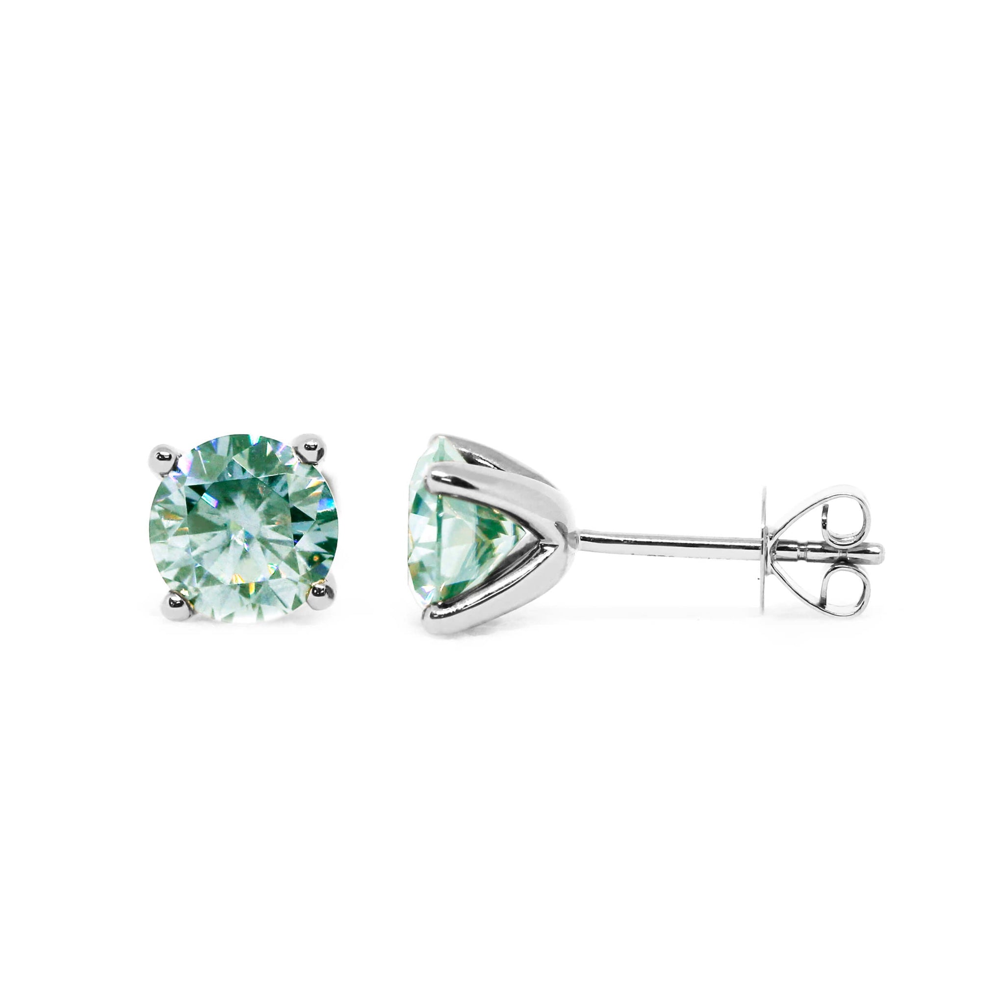 Round Mint Green Moissanite Solitaire in 4 Prong Setting Stud Earrings in 18K White gold - LeCaine Gems