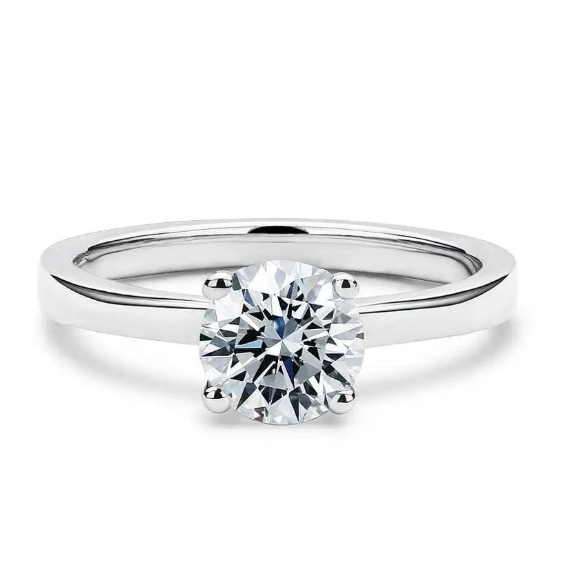 Round Moissanite Solitaire in 4 Prong Setting with Flat Band Ring in 18K White gold - LeCaine Gems