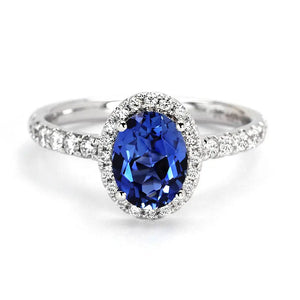 Royal Blue Oval Lab Grown Sapphire with Halo Ring in 18K Gold - LeCaine Gems