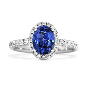 Royal Blue Oval Lab Grown Sapphire with Halo Ring in 18K Gold - LeCaine Gems