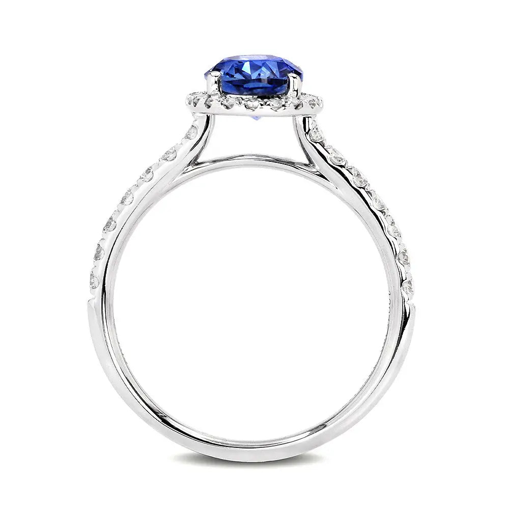 Royal Blue Oval Lab Grown Sapphire with Halo Ring in 18K Gold - LeCaine Gems