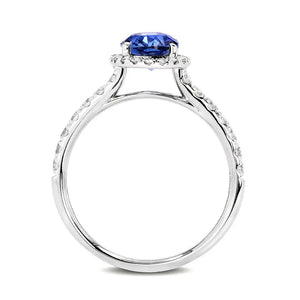 Royal Blue Oval Lab Grown Sapphire with Halo Ring in 18K Gold - LeCaine Gems