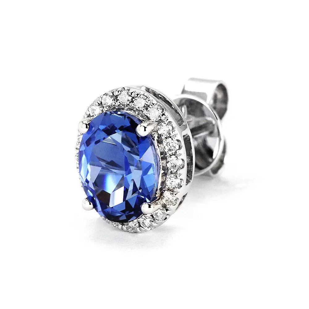 Royal Blue Oval Lab Grown Sapphire with Halo Stud Earrings in 18K Gold - LeCaine Gems