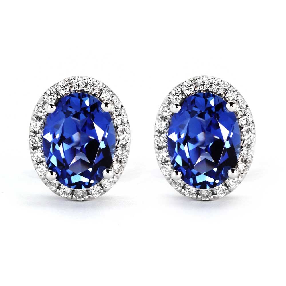 Royal Blue Oval Lab Grown Sapphire with Halo Stud Earrings in 18K Gold - LeCaine Gems