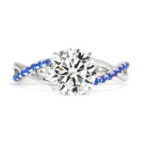 Sapnia Round Moissanite with Twist Sapphire Pave Band Ring in 18K Gold - LeCaine Gems