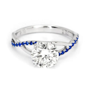 Sapnia Round Moissanite with Twist Sapphire Pave Band Ring in 18K Gold - LeCaine Gems