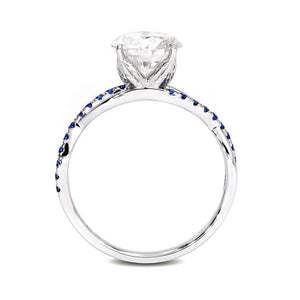 Sapnia Round Moissanite with Twist Sapphire Pave Band Ring in 18K Gold - LeCaine Gems