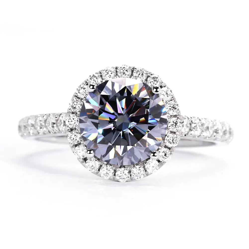 Seina Round Blue Grey Moissanite with Halo in Pave Band Ring in 18K Gold - LeCaine Gems