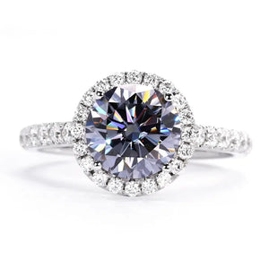 Seina Round Blue Grey Moissanite with Halo in Pave Band Ring in 18K Gold - LeCaine Gems