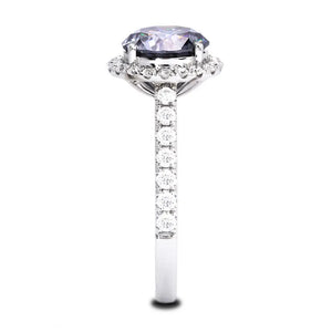 Seina Round Blue Grey Moissanite with Halo in Pave Band Ring in 18K Gold - LeCaine Gems