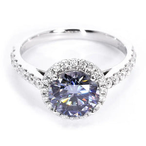 Seina Round Blue Grey Moissanite with Halo in Pave Band Ring in 18K Gold - LeCaine Gems