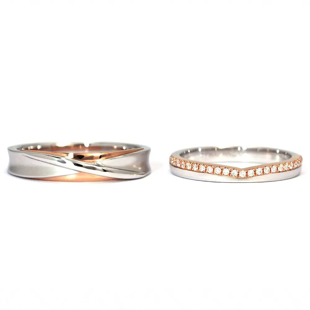 Serena Twist Design Moissanite Duo Tone Matching Wedding Rings in 18K gold - LeCaine Gems