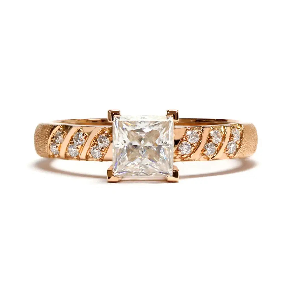Tamara Princess Moissanite in 4 Prong Setting with Accented Sandblasted Band Ring in 18K gold - LeCaine Gems