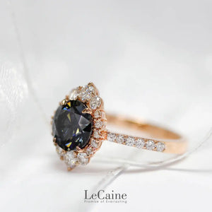 Tatiana Round Moissanite with Decorative Halo and Pave Band Ring in 18K gold - LeCaine Gems