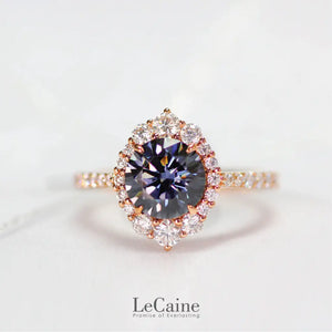 Tatiana Round Moissanite with Decorative Halo and Pave Band Ring in 18K gold - LeCaine Gems