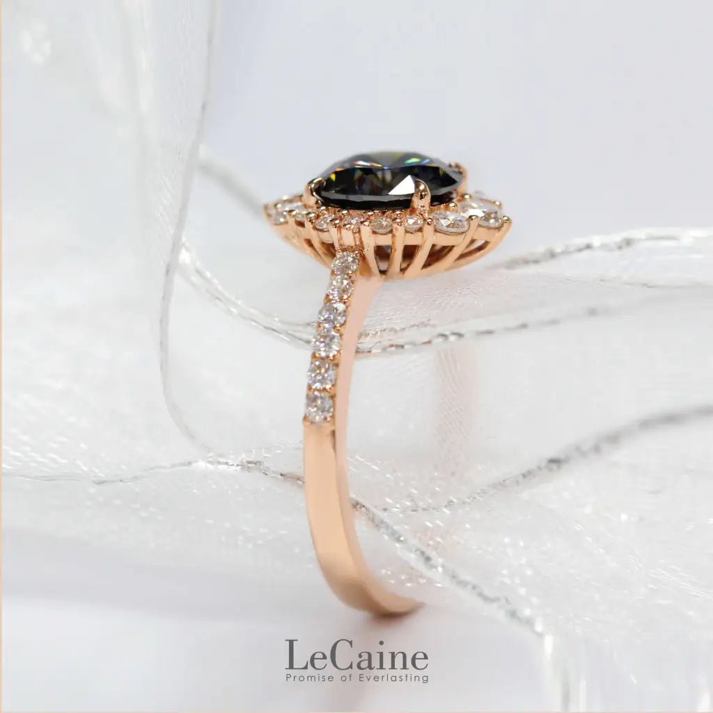 Tatiana Round Moissanite with Decorative Halo and Pave Band Ring in 18K gold - LeCaine Gems