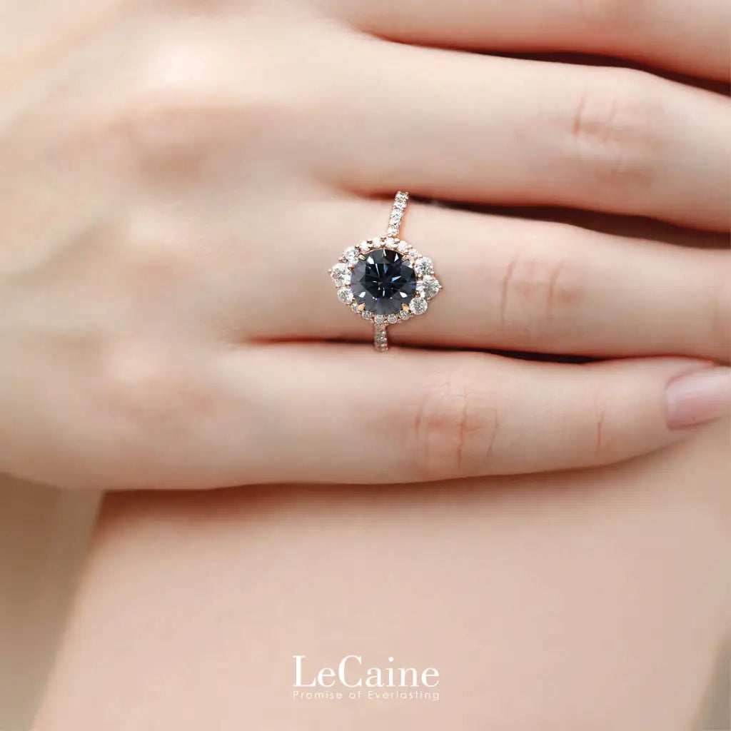 Tatiana Round Moissanite with Decorative Halo and Pave Band Ring in 18K gold - LeCaine Gems