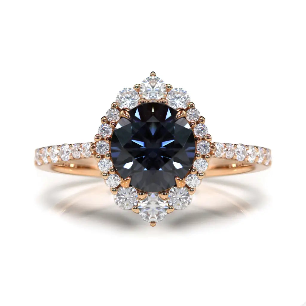 Tatiana Round Moissanite with Decorative Halo and Pave Band Ring in 18K gold - LeCaine Gems