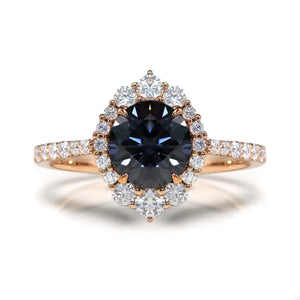 Tatiana Round Moissanite with Decorative Halo and Pave Band Ring in 18K gold - LeCaine Gems