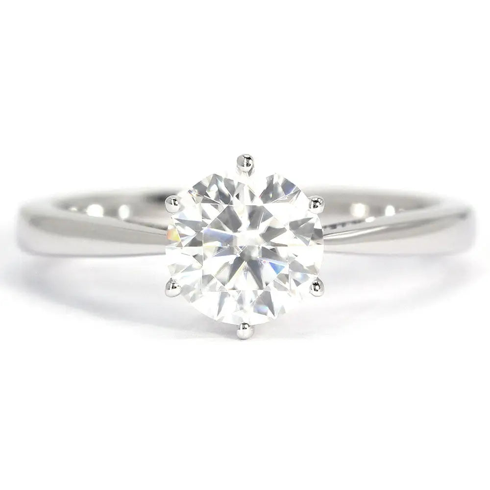 Tonya Round Moissanite Solitaire with 6 Prong Cathedral Setting Ring in 18K gold - LeCaine Gems