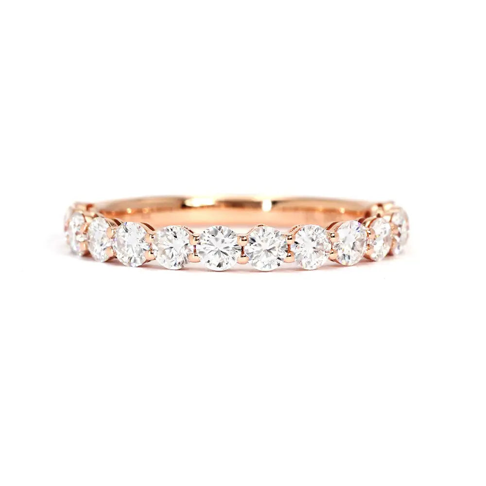 Toril Round Moissanite Half Eternity and Textured Wedding Rings in 18K gold - LeCaine Gems