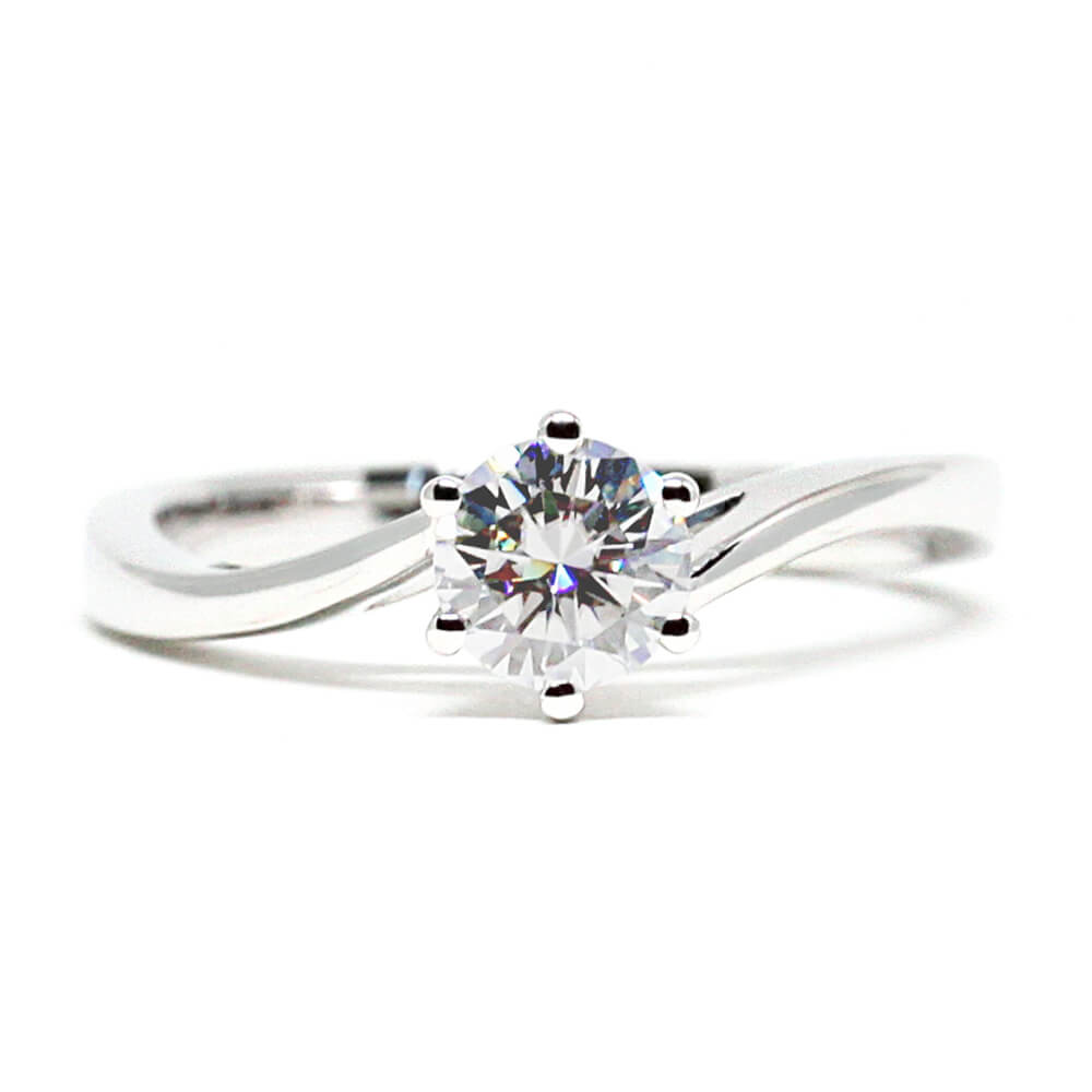 Vee Round Moissanite Solitaire with Curved Band Ring in 18K gold - LeCaine Gems