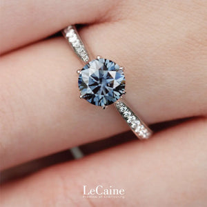 Venn Round Blue Grey Moissanite with Pave Band Ring in 18K Gold - LeCaine Gems