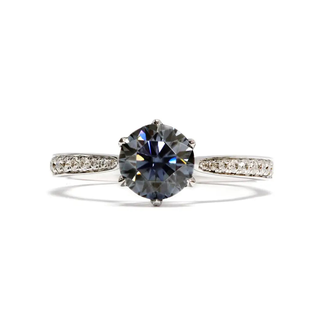 Venn Round Blue Grey Moissanite with Pave Band Ring in 18K Gold - LeCaine Gems