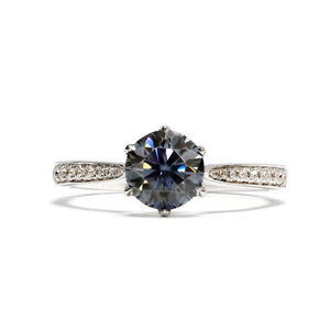 Venn Round Blue Grey Moissanite with Pave Band Ring in 18K Gold - LeCaine Gems