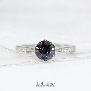 Venn Round Blue Grey Moissanite with Pave Band Ring in 18K Gold - LeCaine Gems