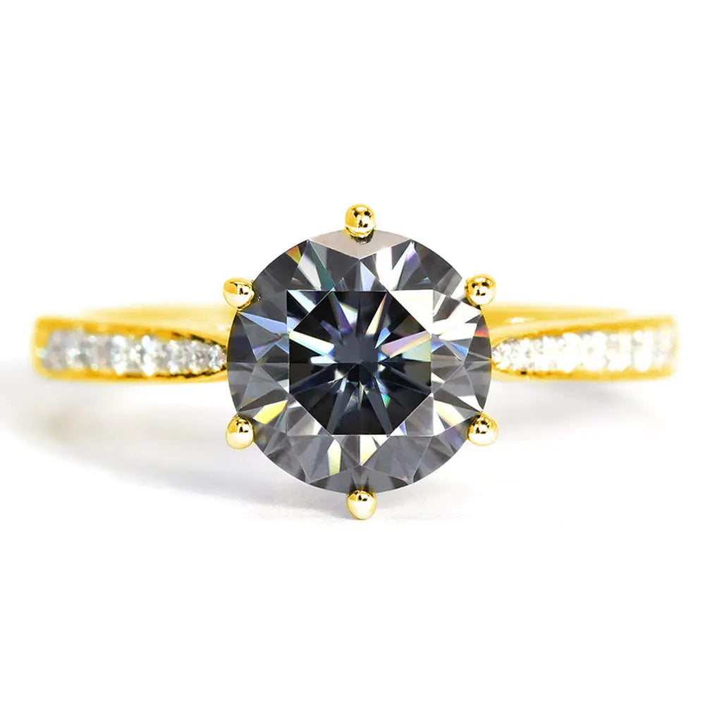 Venn Round Blue Grey Moissanite with Pave Band Ring in 18K Gold - LeCaine Gems