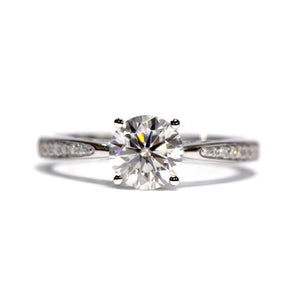 Verona Round Moissanite with Art Carved Cathedral in Channel Set Pave Ring in 18K gold - LeCaine Gems