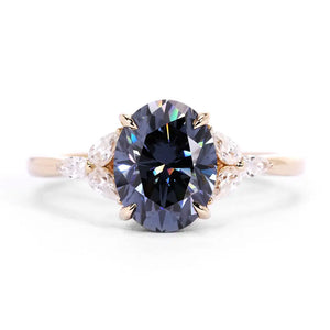 Virginia Oval Grey Blue Moissanite Trilogy Ring in 18K Gold - LeCaine Gems