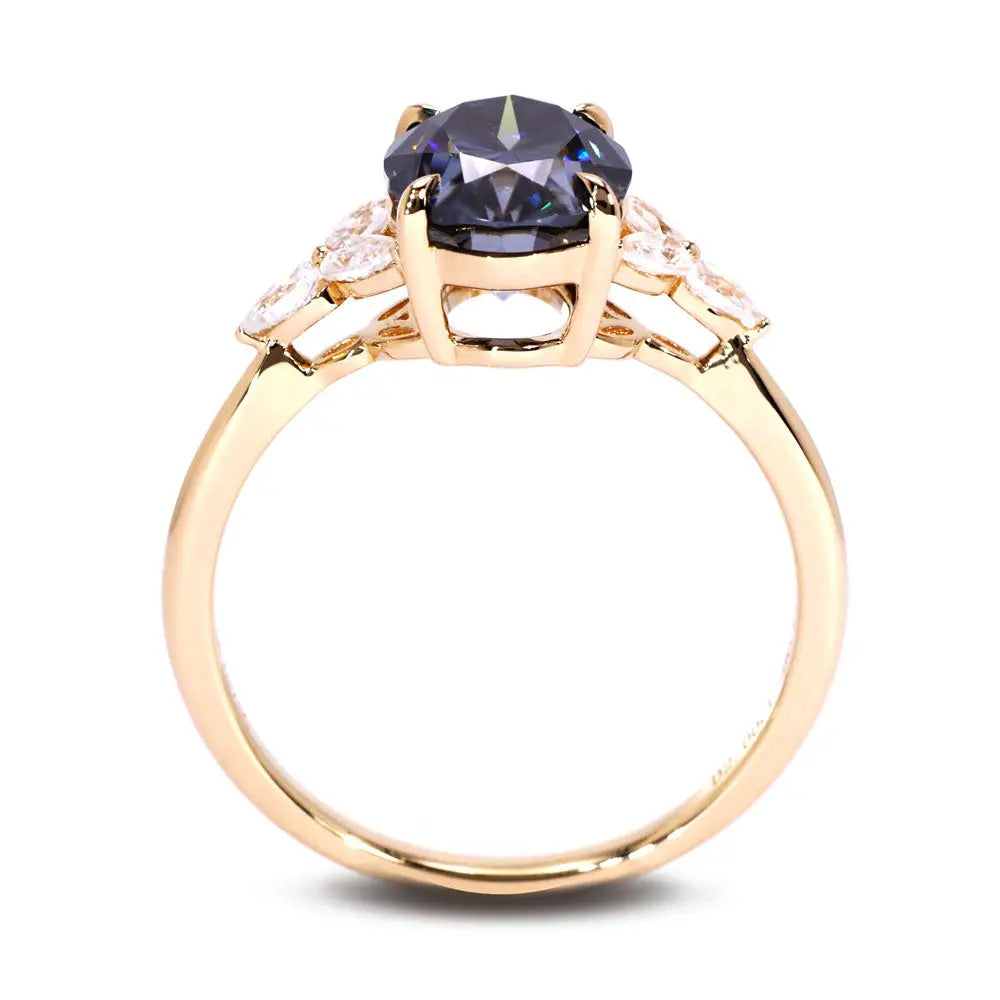 Virginia Oval Grey Blue Moissanite Trilogy Ring in 18K Gold - LeCaine Gems