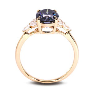 Virginia Oval Grey Blue Moissanite Trilogy Ring in 18K Gold - LeCaine Gems