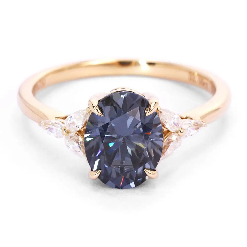 Virginia Oval Grey Blue Moissanite Trilogy Ring in 18K Gold - LeCaine Gems