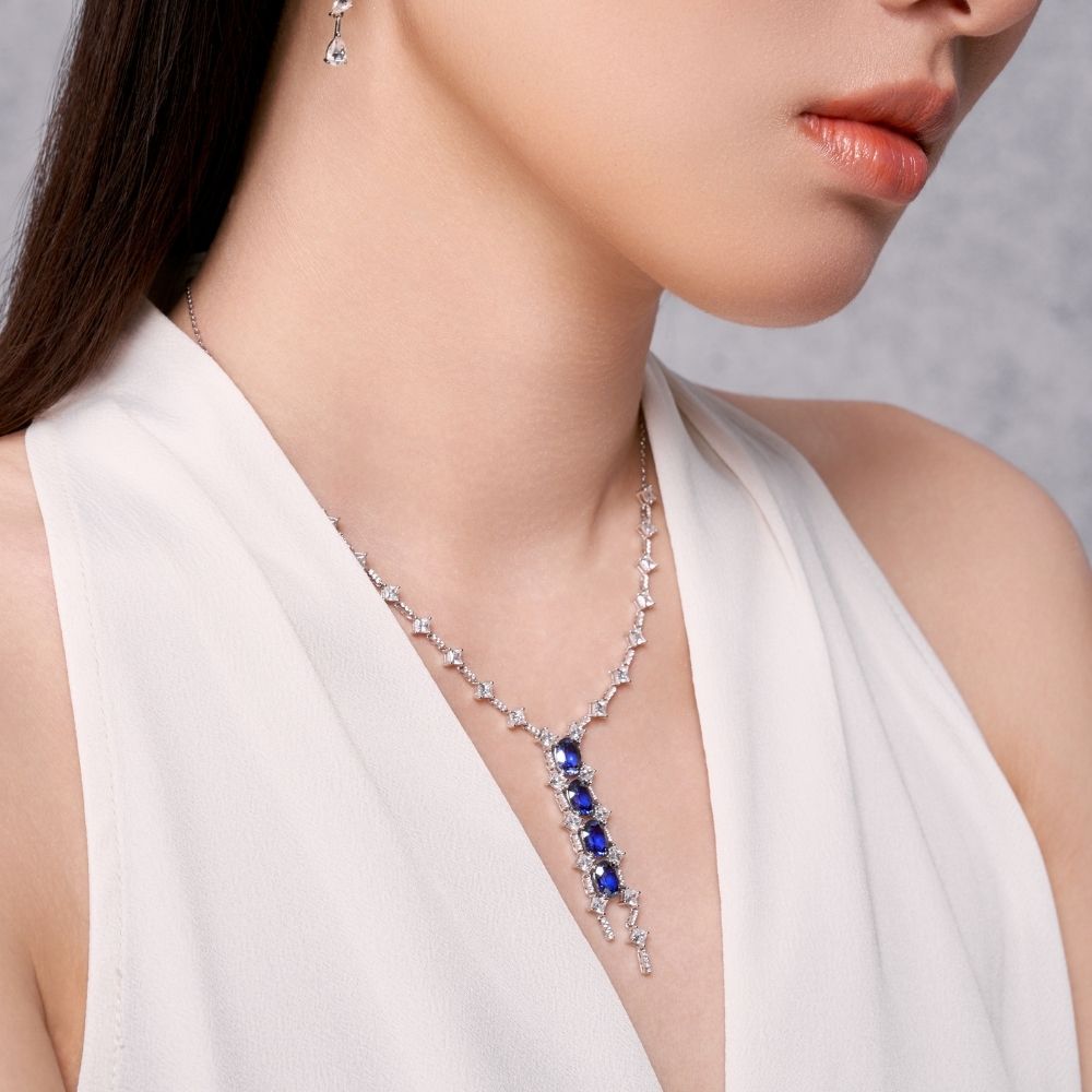 Royal Blue Sapphire Halo Necklace RN-04 | Jewelry Rental - LeCaine Gems