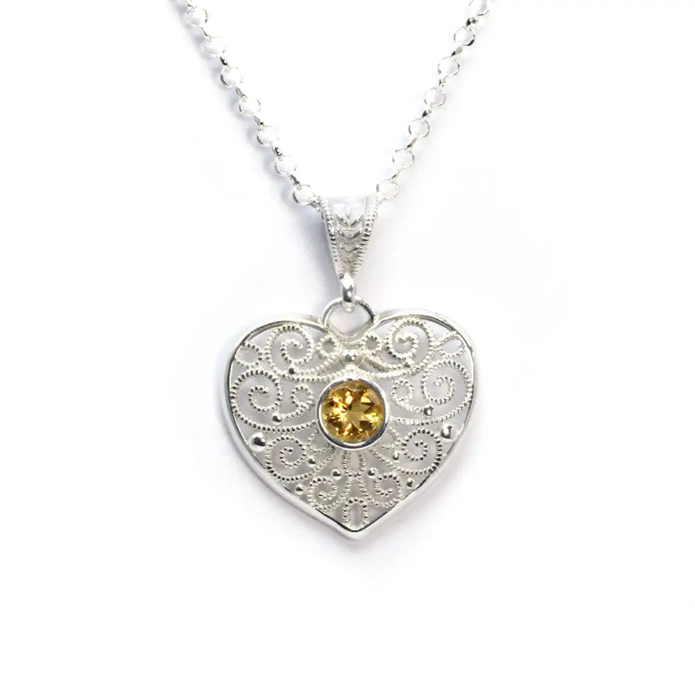 Yellow Quartz Heart Necklace Sterling Silver (PAX18)