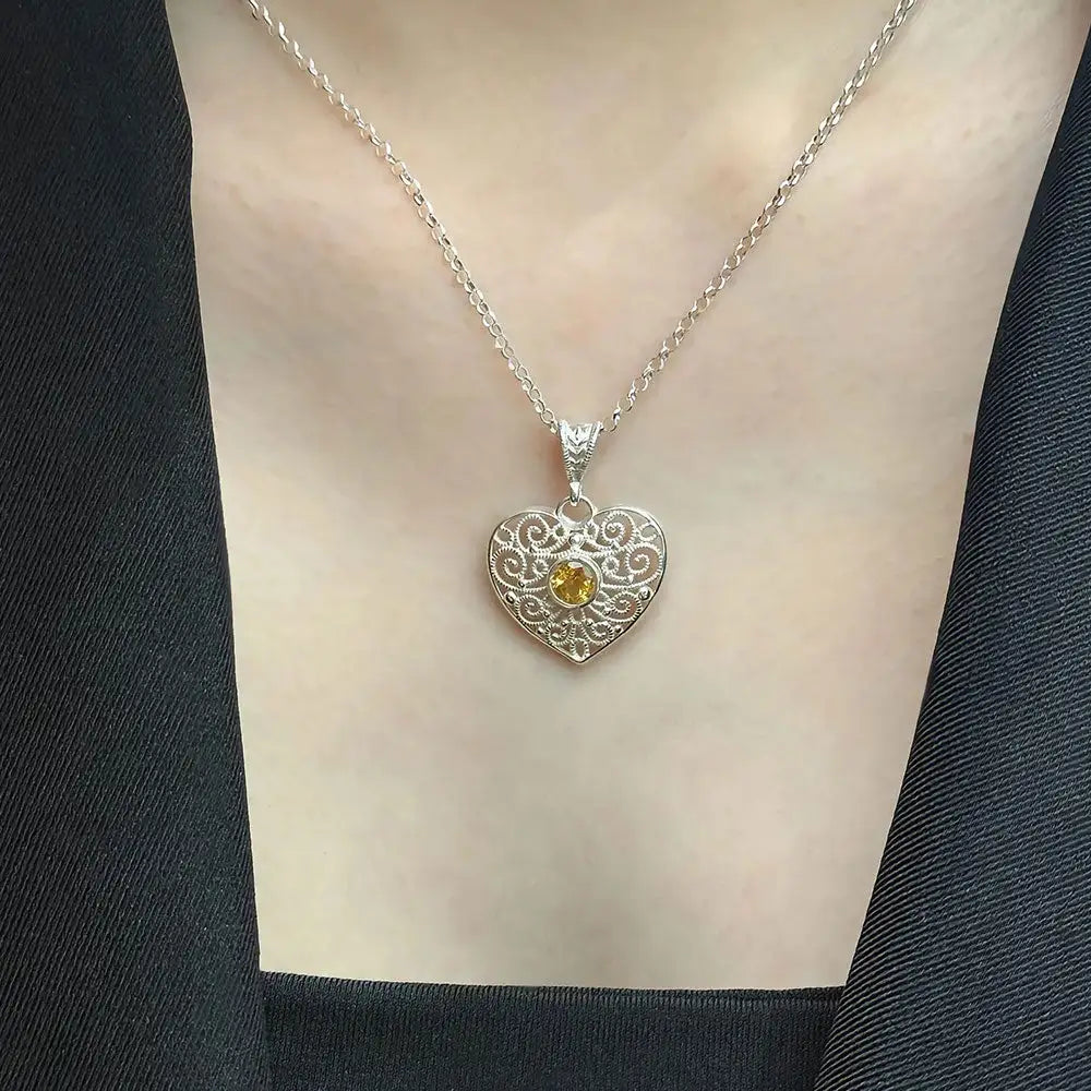 Yellow Quartz Heart Necklace Sterling Silver (PAX18)
