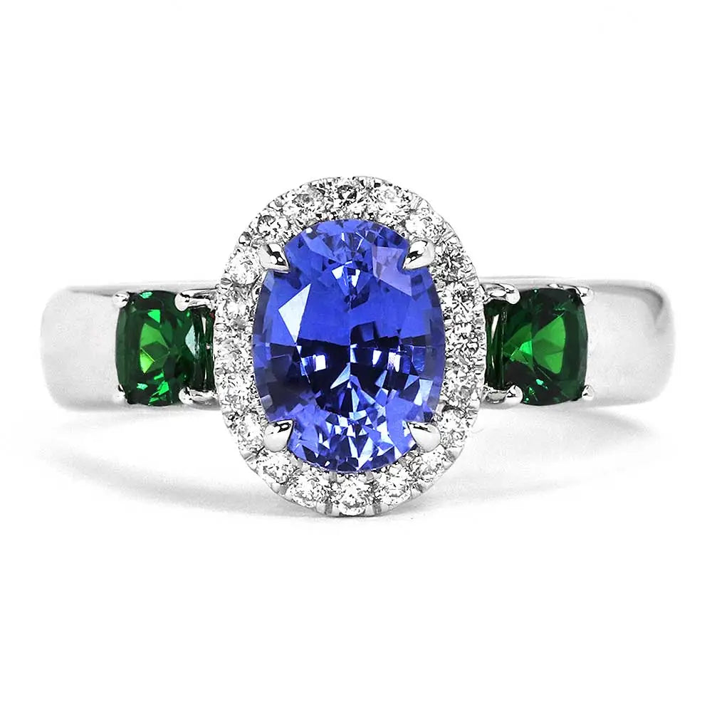 Zetsumyo Natural Oval Blue Sapphire with Tsarvorite and Diamonds in 18K Gold