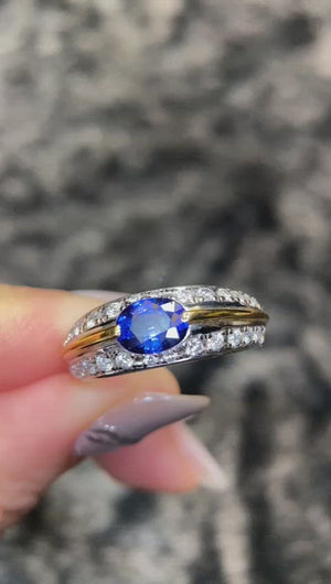 Misheru Blue Oval Natural Sapphire with Diamonds in Gold & Platinum